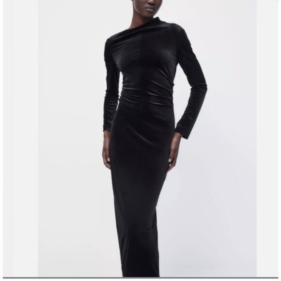 Zara Draped Black Velvet Midi Dress Women's Size L Large Stretch NWOT - Picture 2 of 13